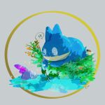  !? afloat alternate_color animal_focus blue_eyes closed_mouth commentary fangs grey_background highres munchlax no_humans pokemon pokemon_(creature) shiny_pokemon simple_background sobble symbol-only_commentary thought_bubble water zozozoshion 