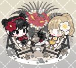  2girls argyle argyle_background bare_arms bare_legs barefoot beach_chair black_eyes black_hair black_one-piece_swimsuit blonde_hair blunt_bangs blush_stickers brown_background chibi closed_mouth cocktail colored_eyelashes commentary_request conch cup double_bun drink drinking_straw earrings empty_eyes flower flower_earrings frown glass gradient_background grey_background hair_bun hair_flower hair_ornament hairband hibiscus holding holding_cup holding_drink ice ice_cube jewelry korean_commentary long_hair multiple_girls one-piece_swimsuit open_mouth original palm_leaf polka_dot_hairband ponytail radio red_flower red_hairband seashell shell short_hair sitting smile starfish striped striped_one-piece_swimsuit swimsuit toy_boat umbrella unibosal wavy_hair white_eyes white_flower white_umbrella yellow_one-piece_swimsuit 