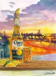  alcohol artworksmil beer beer_bottle city cityscape cup drinking_glass food fruit highres lime_(fruit) lime_slice no_humans original painting_(medium) realistic scenery signature skyline traditional_media watercolor_(medium) 