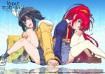  16bit_sensation 2girls akisato_konoha black_hair blue_eyes blue_hair blush commentary_request end_card fang fur-trimmed_hood fur_trim green_eyes hair_ornament high-waist_skirt holding_hands hood jacket knee_up loafers long_hair looking_at_viewer misawa_chitose multicolored_hair multiple_girls natural_(game) official_art open_mouth pleated_skirt red_hair shoes short_hair sitting skirt smile sneakers tamori_tadaji thighhighs two-tone_hair white_thighhighs yellow_jacket 