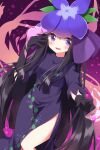  1girl :d black_dress black_gloves black_hair china_dress chinese_clothes commentary_request dress flower gloves grape_print hair_flower hair_ornament highres long_hair looking_at_viewer open_mouth purple_background purple_eyes purple_flower ruu_(tksymkw) sidelocks smile solo touhou yomotsu_hisami 