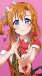  1girl black_bow blue_eyes blush bow bowtie braid brown_hair closed_mouth flower hair_between_eyes hair_bow hair_flower hair_ornament highres kousaka_honoka kyaku_tatsu long_hair looking_at_viewer love_live! love_live!_school_idol_project pink_background pink_trim red_bow red_bowtie red_flower short_sleeves side_ponytail simple_background single_braid smile solo upper_body v 