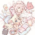  ahoge animal_ears bed_sheet blonde_hair bloomers blouse book bunny_ears bunny_tail camisole candy cat_ears cat_tail checkerboard_cookie clenched_hands closed_eyes commentary_request cookie cup food frilled_pillow frills head_rest lollipop long_hair lying marshmallow mokarooru multiple_girls navel on_side on_stomach open_book open_mouth original paw_boots pillow pink_hair short_hair slippers striped striped_legwear stuffed_animal stuffed_bunny stuffed_cat stuffed_toy tail teacup thighhighs underwear 