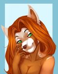  2017 alexthecatte anthro breasts cleavage clothed clothing digital_media_(artwork) female front_view fur green_eyes hair hi_res laur&eacute; len4ik555 looking_at_viewer mammal portrait red_panda simple_background smile solo 