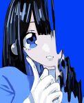  1girl black_hair blue_background blue_eyes blue_shirt blue_theme gloves headgear highres index_finger_raised long_hair looking_at_viewer melting one_eye_covered original parted_lips portrait shirt solo straight-on straight_hair urokogaran white_gloves 