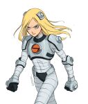  1girl armor artist_name black_gloves blonde_hair commentary dc_comics english_commentary from_side gloves highres jenxd_d onesie shoulder_pads simple_background solo teen_titans teeth white_background 