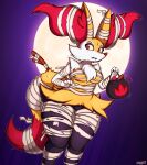 anthro braixen breasts candy candy_bucket clothing dessert fangs female food freckles full_moon fur generation_6_pokemon halloween hi_res holidays inner_ear_fluff mahoxy moon mummy_wrappings nintendo pokemon pokemon_(species) solo standing teeth thick_thighs tuft