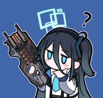  1girl ? absurdres apex_legends aris_(blue_archive) black_hair blue_archive blue_background blue_halo charge_rifle commentary_request gna_(mtac8272) hair_between_eyes halo highres holding holding_weapon long_hair one_side_up simple_background solo thinking very_long_hair weapon 
