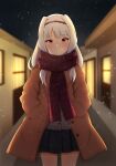  1girl absurdres bow dsuzu hairband highres idolmaster idolmaster_(classic) jacket long_hair looking_at_viewer night night_sky open_clothes open_jacket outdoors red_eyes road scarf shijou_takane skirt sky smile snow snowing standing street white_hair 