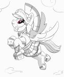 armor bottomwear clothed clothed_feral clothing cloud cutie_mark equid equine eyelashes female feral flying friendship_is_magic hair hasbro headgear helmet hi_res hooves legwear mammal monochrome my_little_pony pabbley pegasus purple_eyes quadruped rainbow_dash_(mlp) skirt sky smile solo spot_color tail thigh_highs wings