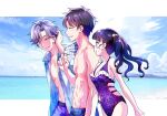  1girl 2boys :t adjusting_hair bare_arms beach black_hair blue_hair blue_male_swimwear blue_shirt blush breasts brother_and_sister brothers casual_one-piece_swimsuit cleavage closed_eyes collarbone covered_navel delicious_party_precure floating_hair from_side gradient_hair grey_hair grin hawaiian_shirt kasai_amane kasai_mitsuki kasai_yuan kyoutsuugengo long_hair male_swimwear medium_breasts mole mole_under_eye multicolored_hair multiple_boys ocean one-piece_swimsuit one_eye_closed open_clothes open_shirt outdoors precure profile purple_male_swimwear purple_one-piece_swimsuit shirt short_hair siblings smile summer swimsuit walking 