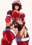  1girl 4ces abs bell belt breasts brown_hair choker gun highres large_breasts looking_at_viewer looking_down midriff multiple_scars muscular muscular_female neck_bell original revolver santa_costume scar scar_on_face signature solo spiked_hair thick_thighs thighhighs thighs weapon white_background yellow_eyes 