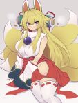  1girl animal_ears bare_shoulders blonde_hair blush breasts closed_mouth detached_sleeves fox_ears fox_girl fox_tail heart izuna_(shinrabanshou) japanese_clothes large_breasts looking_at_viewer miko multiple_tails scroll shinrabanshou sitting smile solo tail thighhighs white_thighhighs yonaga_san 