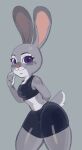 anthro bottomwear bra clothing disney female gym_bottomwear gym_clothing gym_shorts hi_res judy_hopps lagomorph leporid looking_at_viewer mammal midriff rabbit rokkerth shorts solo sports_bra thick_thighs tight_clothing underwear zootopia