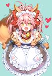  :d animal_ears apron aqua_background blush cake eyebrows_visible_through_hair fate/grand_order fate_(series) food fox_ears fox_tail from_above gloves happy heart long_hair looking_at_viewer maid maid_headdress majiang open_mouth paw_gloves paws pink_hair simple_background smile solo tail tamamo_(fate)_(all) tamamo_cat_(fate) yellow_eyes 