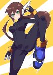  1girl absurdres aile_(mega_man_zx) black_bodysuit blue_footwear bodysuit breasts brown_hair buzzlyears green_eyes highres large_breasts long_hair looking_at_viewer mega_man_(series) mega_man_zx solo 