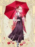  1girl black_hakama camellia dairoku_ryouhei doll_joints floral_print flower full_body hair_flower hair_ornament hakama hanazono_tsubaki_(dairoku_ryouhei) highres holding holding_flower japanese_clothes joints kimono light_brown_hair looking_at_viewer red_eyes red_umbrella sandals socks solo standing umbrella white_socks wide_sleeves yellow_background yusa_tk74 