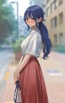  1girl blue_hair blurry blurry_background blush breasts choppy_bangs closed_mouth from_side highres long_hair looking_at_viewer low_ponytail medium_breasts original outdoors red_eyes red_skirt shirt skirt solo standing white_shirt yukimaru_ai 