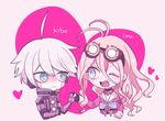  1boy 1girl ahoge android barbed_wire blonde_hair blue_eyes blush choker danganronpa duo fingerless_gloves gloves goggles goggles_on_head heart iruma_miu keebo long_hair mecha new_danganronpa_v3 open_mouth power_frame robot sametarou school_uniform serafuku short_hair silver_hair uniform wink 