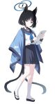  1girl :o absurdres animal_ears black_choker black_footwear black_hair black_nails black_sailor_collar black_skirt blue_archive blue_neckerchief brown_eyes cat_ears cat_girl cat_tail choker commentary_request forked_tail full_body highres holding jyt kikyou_(blue_archive) long_sleeves looking_at_viewer nail_polish neckerchief parted_bangs parted_lips pleated_skirt puffy_long_sleeves puffy_sleeves romaji_commentary sailor_collar school_uniform serafuku shirt short_hair simple_background skirt socks solo tail walking white_background white_shirt white_socks zouri 