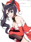  1girl animal_ears black_hair blush breasts cleavage commentary_request detached_sleeves green_eyes hat highres horse_ears horse_girl kokora_(kokorahen) long_hair looking_at_viewer medium_breasts ribbon santa_costume santa_hat satono_crown_(umamusume) side_ponytail simple_background solo thighhighs translation_request umamusume white_background 