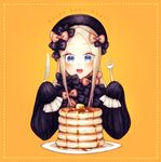  abigail_williams_(fate/grand_order) bangs black_bow black_dress black_hat blonde_hair blue_eyes blush bow bug butter butterfly commentary_request dress drooling english fate/grand_order fate_(series) food forehead fork hair_bow hands_up hat holding holding_fork holding_knife insect knife long_hair long_sleeves looking_at_viewer object_hug ohagi_(ymnky) open_mouth orange_bow pancake parted_bangs plate polka_dot polka_dot_bow sleeves_past_fingers sleeves_past_wrists solo stack_of_pancakes stuffed_animal stuffed_toy syrup teddy_bear upper_teeth yellow_background 