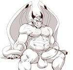  anthro balls barzillai big_penis dragon erection greyscale horn humanoid_penis looking_at_viewer male monochrome musclegut nude penis sitting smile solo taoren wings 