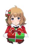  1girl ahoge black_bow black_bowtie black_gloves blue_eyes blush bow bowtie box brown_hair capelet christmas dot_nose fur-trimmed_capelet fur_trim gift gift_box gloves hair_bow holding holding_gift idolmaster idolmaster_million_live! junkun148 looking_at_viewer medium_hair parted_lips red_bow red_capelet sidelocks solo suou_momoko upper_body v-shaped_eyebrows wavy_hair white_background 