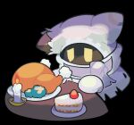  1boy black_background cake candle chicken_(food) food gloves kirby&#039;s_return_to_dream_land_deluxe kirby_(series) magolor magolor_epilogue male_focus ni_re no_humans plate sad simple_background solo strawberry_shortcake torn_clothes yellow_eyes 
