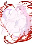  1boy absurdres blood closed_mouth completely_nude eyes_visible_through_hair fetal_position hatsutori_hajime highres light_frown long_hair male_focus nude parted_bangs pink_hair red_eyes saibou_shinkyoku simple_background solo very_long_hair white_background wotmyijingwuyuwuqiule 