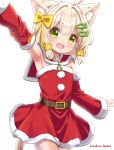  animal_ears arm_up belt blonde_hair bow cat_ears christmas christmas_ornaments cowboy_shot dress fang fish_hair_ornament fur-trimmed_dress fur_trim green_eyes hair_bow hair_ornament hazakura_hinata heterochromia highres kaya_(hazakura_hinata) merry_christmas original santa_costume short_hair skin_fang white_background yellow_bow yellow_eyes 