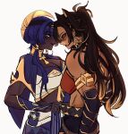  2girls absurdres alfaidopasta animal_ears black_hair blue_hair breasts breasts_squeezed_together candace_(genshin_impact) dark-skinned_female dark_skin dehya_(genshin_impact) eye_of_horus genshin_impact hair_between_eyes hair_ears highres long_hair multiple_girls tagme white_background yuri 