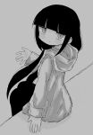  1girl absurdres black_hair black_thighhighs blunt_bangs closed_mouth expressionless grey_background hand_up highres hood hoodie inabakumori kennin5 long_hair looking_at_viewer low_twintails monochrome osage_(inabakumori) sitting solo thighhighs twintails 