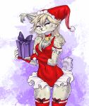 anthro biped christmas christmas_clothing christmas_headwear christmas_present clothing ear_tuft felid feline female gift gimka headgear headwear hi_res holidays lynx mammal ribbons smile solo spots tuft