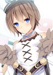  bare_shoulders blanc blue_eyes blush brown_hair covered_nipples daiaru dress fur_trim hat jewelry looking_at_viewer neptune_(series) short_hair shoulder_strap solo upper_body white_coat white_dress 