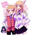  1boy 2girls angry birthday blush breasts danganronpa danganronpa_3 eyebrows green_eyes green_hair group happy hat huyandere kuzuryuu_fuyuhiko kuzuryuu_natsumi long_hair multiple_girls necktie open_mouth pants purple_eyes satou_(danganronpa) school_uniform shirt short_hair skirt sweater sweater_vest tie trio uniform white_shirt 