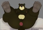animal_crossing anthro anus bear bed butt butt_focus chubby_anthro chubby_male claws english_text feet furniture grizzly_(animal_crossing) ivory-dove legs_up lying male mammal nintendo nipples nude on_back presenting presenting_anus presenting_hindquarters solo text thick_thighs