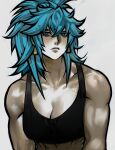  1girl abs absurdres bare_shoulders biceps blue_eyes blue_hair breasts cleavage crop_top earrings highres jewelry large_breasts leona_heidern long_hair looking_at_viewer midriff muscular muscular_female navel ponytail solo tank_top the_king_of_fighters triangle_earrings zolapunch 