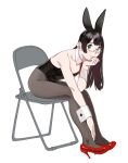  1girl alternate_costume animal_ears aqua_eyes bare_shoulders black_hair black_leotard black_pantyhose breasts commentary_request detached_collar fake_animal_ears full_body high_heels highleg highleg_leotard highres kantai_collection leotard looking_at_viewer necktie ojipon on_chair ooyodo_(kancolle) pantyhose playboy_bunny red_footwear red_necktie semi-rimless_eyewear shoulder_strap simple_background sitting small_breasts solo strap white_background wrist_cuffs 