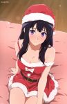  1girl alternate_costume belt black_hair blush bow breasts cleavage collarbone dress fur_trim hand_on_own_thigh hat hibike!_euphonium highres kousaka_reina large_breasts long_hair on_bed purple_eyes santa_dress santa_hat sitting solo strap_slip usagihop 