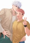  2boys aqua_pants blue_eyes blue_pants brown_eyes brown_shirt ccccc_(jpn_m0) facial_mark gojou_satoru highres itadori_yuuji jujutsu_kaisen male_focus multiple_boys open_clothes open_mouth open_shirt pants pink_hair shirt short_hair simple_background smile sunglasses v white_background white_hair white_shirt wristband 