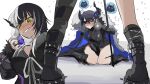  2girls asymmetrical_horns black_hair black_nails blush breasts cape cosplay demon_horns dimitri_alexandre_blaiddyd dimitri_alexandre_blaiddyd_(cosplay) eyepatch fire_emblem fire_emblem:_three_houses fur-trimmed_cape fur_trim highres hololive hololive_english horns jailbird_(nerissa_ravencroft) large_breasts long_hair multicolored_hair multiple_girls nerissa_ravencroft red_eyes set7 shiori_novella single_thighhigh sitting snowing spiked_boots split-color_hair thighhighs very_long_hair virtual_youtuber wariza white_hair yellow_eyes 