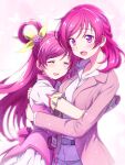  2girls :d braid closed_eyes cure_dream dress_shirt earrings floating_hair flower hair_flower hair_ornament highres hug jacket jewelry kibou_no_chikara_~otona_precure_&#039;23~ kyoutsuugengo long_hair long_sleeves multiple_girls open_clothes open_jacket open_mouth pink_eyes pink_flower pink_hair pink_jacket pink_vest precure red_hair shirt short_sleeves smile very_long_hair vest white_background white_shirt yes!_precure_5 yumehara_nozomi 