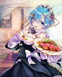  bare_shoulders blue_eyes blue_hair blush breasts commentary_request detached_collar dress eyebrows_visible_through_hair eyes_visible_through_hair food from_side hair_ornament hair_over_one_eye highres holding holding_spoon indoors kitchen large_breasts looking_at_viewer maid maid_headdress meat piyoyanagi plate re:zero_kara_hajimeru_isekai_seikatsu rem_(re:zero) ribbon-trimmed_clothes ribbon_trim sauce solo sparkle spoon sunlight wide_sleeves window x_hair_ornament 