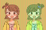  2girls blush_stickers brown_eyes brown_hair futami_ami futami_mami hair_bobbles hair_ornament hood hoodie idolmaster idolmaster_(classic) idolmaster_1 looking_at_viewer multiple_girls open_mouth optical_illusion pxllb short_hair siblings sisters smile twins upper_body yellow_hoodie 
