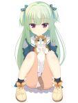  1girl absurdres animal blue_ribbon blunt_bangs blunt_ends cat closed_mouth commentary eyes_visible_through_hair full_body green_hair hair_ribbon highres hime_cut holding holding_animal holding_cat kaon_zz knees_up light_blush long_hair looking_at_viewer murasame_(senren) official_alternate_costume panties panty_peek pink_panties polka_dot polka_dot_panties red_eyes ribbon sailor_collar school_uniform senren_banka sidelocks simple_background sitting smile solo split_mouth straight-on straight_hair thighs two_side_up underwear very_long_hair white_background white_sailor_collar yellow_footwear 