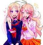  2girls ahoge akamatsu_kaede blonde_hair blush breasts danganronpa duo eyebrows eyes_closed hair_ornament hairclip happy heart huyandere iruma_miu long_hair multiple_girls new_danganronpa_v3 open_mouth purple_eyes school_uniform serafuku shirt skirt uniform white_shirt 