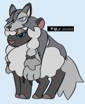 2023 :&lt; alternate_color blue_eyes cute_fangs dusk_lycanroc fake_ears fake_face fake_head fake_tail female feral fur fur_clothing generation_7_pokemon generation_8_pokemon hi_res hooves jackrabbit_(artist) lycanroc nintendo pokemon pokemon_(species) solo stitch_(sewing) tail wool_(fur) wooloo