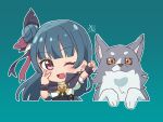  1girl :3 ;d aqua_background arm_up black_feathers black_ribbon black_scrunchie blue_hair chibi closed_mouth dog earrings feather_hair_ornament feathers floating_hair genjitsu_no_yohane hair_bun hair_ornament hair_ribbon highres jewelry kyaku_tatsu lailaps_(genjitsu_no_yohane) long_hair looking_at_viewer love_live! love_live!_sunshine!! one_eye_closed orange_eyes outline purple_eyes purple_feathers purple_ribbon ribbon scrunchie shirt simple_background smile tsushima_yoshiko v_over_eye white_outline white_shirt wrist_scrunchie 