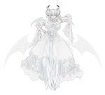  1girl bare_shoulders breasts closed_mouth commentary_request dress earrings full_body gloves grey_hair hair_between_eyes hand_on_own_hip highres horns jewelry large_breasts light_smile looking_at_viewer lovely_labrynth_of_the_silver_castle low_wings multiple_wings pointy_ears see-through simple_background solo strapless strapless_dress thighhighs toba_(toba_game) white_background white_dress white_gloves wings yellow_eyes yu-gi-oh! 